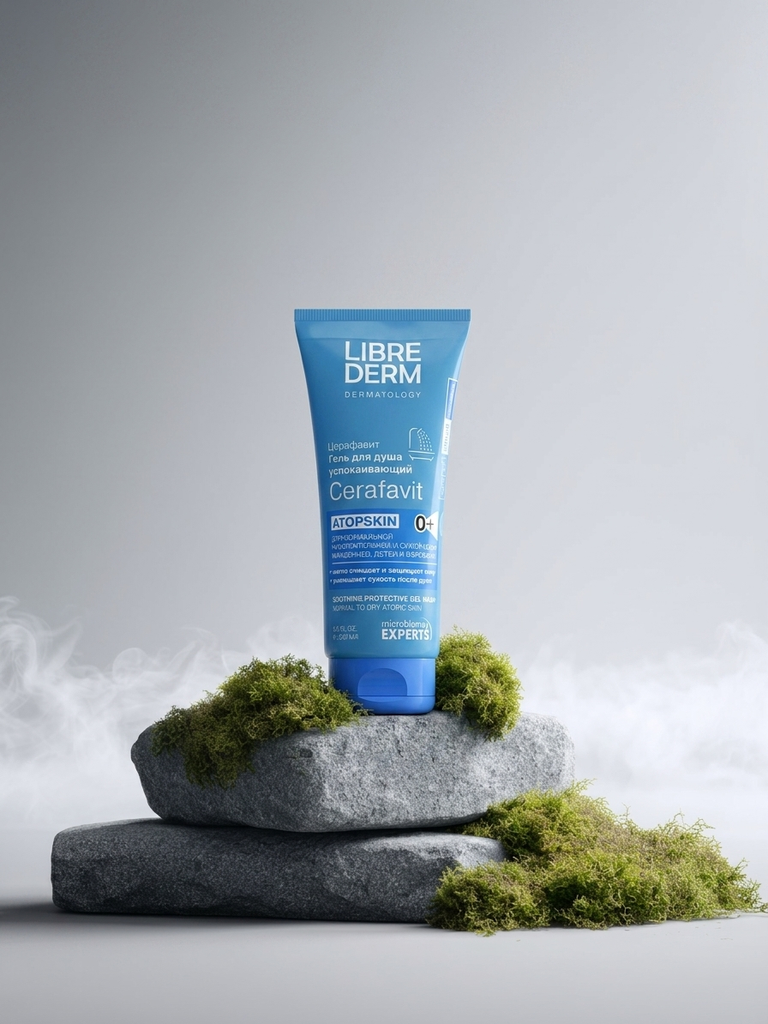 Shower gel on mossy stones product photography